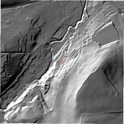 Shaded relief map of the ground around HD89UA, computed from Environment Agency LiDAR. The ground here sits at about 122 m above sea level and falls 74 m across the surrounding 800 m. Surface water reaching this point runs off ground lying to the south-east, 52.7 m higher.