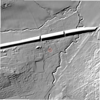 Shaded relief map of the ground around HD89UY, computed from Environment Agency LiDAR. The ground here sits at about 105 m above sea level and falls 43 m across the surrounding 800 m. Surface water reaching this point runs off ground lying to the west, 9.8 m higher.