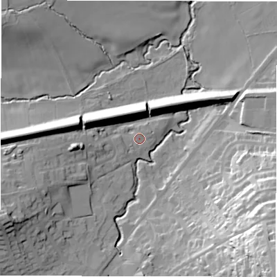 Shaded relief map of the ground around HD89UZ, computed from Environment Agency LiDAR. The ground here sits at about 103 m above sea level and falls 55 m across the surrounding 800 m. Surface water reaching this point runs off ground lying to the south-east, 52.2 m higher.