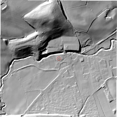 Shaded relief map of the ground around HD89WL, computed from Environment Agency LiDAR. The ground here sits at about 96 m above sea level and falls 43 m across the surrounding 800 m. Surface water reaching this point runs off ground lying to the north-north-west, 40.3 m higher.