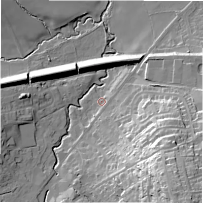 Shaded relief map of the ground around HD89XA, computed from Environment Agency LiDAR. The ground here sits at about 103 m above sea level and falls 58 m across the surrounding 800 m. Surface water reaching this point runs off ground lying to the south-east, 36.7 m higher.