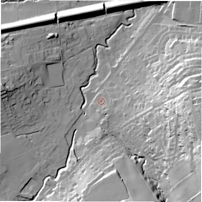 Shaded relief map of the ground around HD89XB, computed from Environment Agency LiDAR. The ground here sits at about 107 m above sea level and falls 56 m across the surrounding 800 m. Surface water reaching this point runs off ground lying to the south-south-east, 3.9 m higher.