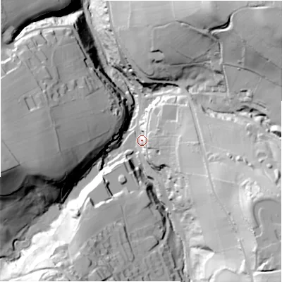 Shaded relief map of the ground around HD91ET, computed from Environment Agency LiDAR. The ground here sits at about 186 m above sea level and falls 80 m across the surrounding 800 m. Surface water reaching this point runs off ground lying to the south-east, 62.3 m higher.