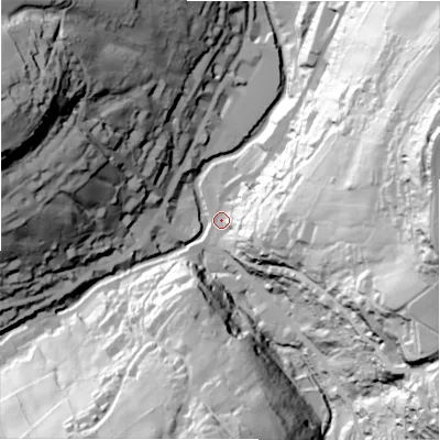 Shaded relief map of the ground around HD91HA, computed from Environment Agency LiDAR. The ground here sits at about 143 m above sea level and falls 108 m across the surrounding 800 m. Surface water reaching this point runs off ground lying to the east, 96.0 m higher.