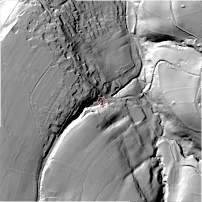 Shaded relief map of the ground around HD91HP, computed from Environment Agency LiDAR. The ground here sits at about 224 m above sea level and falls 86 m across the surrounding 800 m. Surface water reaching this point runs off ground lying to the south-west, 57.7 m higher.