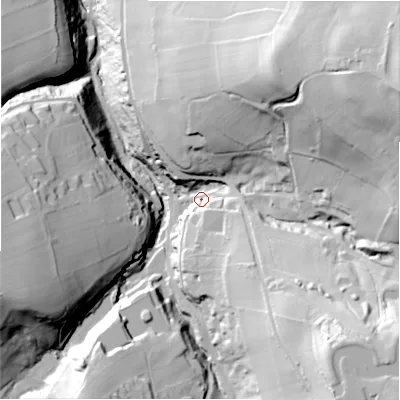 Shaded relief map of the ground around HD91HY, computed from Environment Agency LiDAR. The ground here sits at about 186 m above sea level and falls 87 m across the surrounding 800 m. Surface water reaching this point runs off ground lying to the east-north-east, 68.8 m higher.