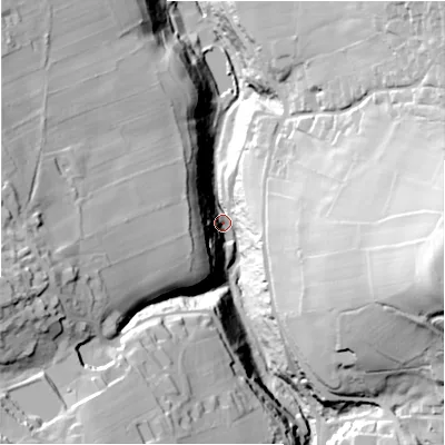 Shaded relief map of the ground around HD91JB, computed from Environment Agency LiDAR. The ground here sits at about 168 m above sea level and falls 80 m across the surrounding 800 m. Surface water reaching this point runs off ground lying to the east-south-east, 73.4 m higher.