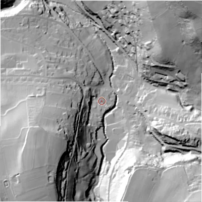 Shaded relief map of the ground around HD91JL, computed from Environment Agency LiDAR. The ground here sits at about 150 m above sea level and falls 98 m across the surrounding 800 m. Surface water reaching this point runs off ground lying to the south-west, 50.6 m higher.