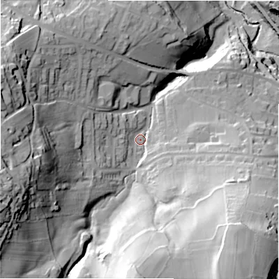 Shaded relief map of the ground around HD91LH, computed from Environment Agency LiDAR. The ground here sits at about 161 m above sea level and falls 83 m across the surrounding 800 m. Surface water reaching this point runs off ground lying to the west-south-west, 56.2 m higher.