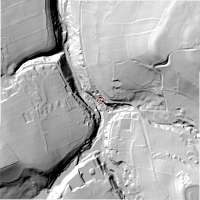 Shaded relief map of the ground around HD91LX, computed from Environment Agency LiDAR. The ground here sits at about 182 m above sea level and falls 82 m across the surrounding 800 m. Surface water reaching this point runs off ground lying to the east-north-east, 72.7 m higher.