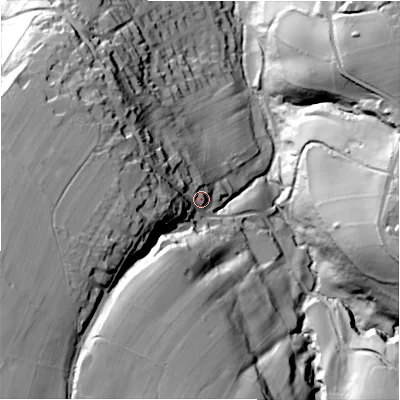 Shaded relief map of the ground around HD91TJ, computed from Environment Agency LiDAR. The ground here sits at about 224 m above sea level and falls 85 m across the surrounding 800 m. Surface water reaching this point runs off ground lying to the west-south-west, 28.6 m higher.