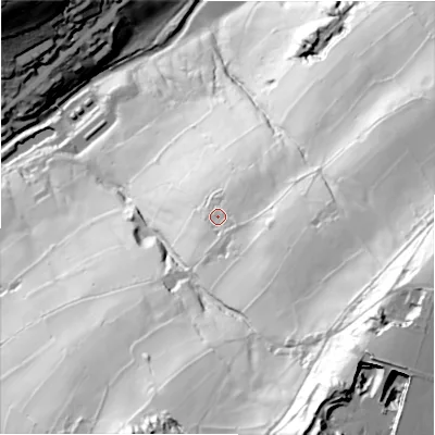 Shaded relief map of the ground around HD92BA, computed from Environment Agency LiDAR. The ground here sits at about 239 m above sea level and falls 168 m across the surrounding 800 m. Surface water reaching this point runs off ground lying to the south-east, 82.9 m higher.
