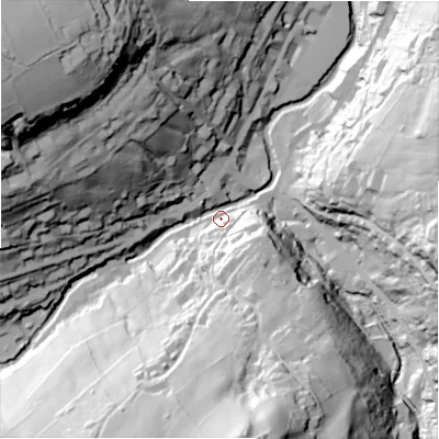 Shaded relief map of the ground around HD92DG, computed from Environment Agency LiDAR. The ground here sits at about 145 m above sea level and falls 95 m across the surrounding 800 m. Surface water reaching this point runs off ground lying to the north-west, 88.8 m higher.
