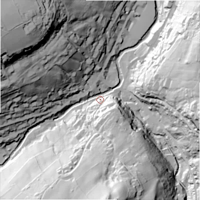 Shaded relief map of the ground around HD92DJ, computed from Environment Agency LiDAR. The ground here sits at about 148 m above sea level and falls 94 m across the surrounding 800 m. Surface water reaching this point runs off ground lying to the north-west, 88.6 m higher.