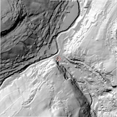 Shaded relief map of the ground around HD92DN, computed from Environment Agency LiDAR. The ground here sits at about 143 m above sea level and falls 99 m across the surrounding 800 m. Surface water reaching this point runs off ground lying to the east, 82.6 m higher.