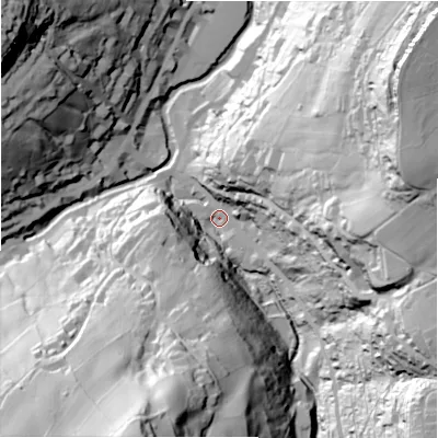 Shaded relief map of the ground around HD92DP, computed from Environment Agency LiDAR. The ground here sits at about 147 m above sea level and falls 109 m across the surrounding 800 m. Surface water reaching this point runs off ground lying to the south-south-west, 91.4 m higher.