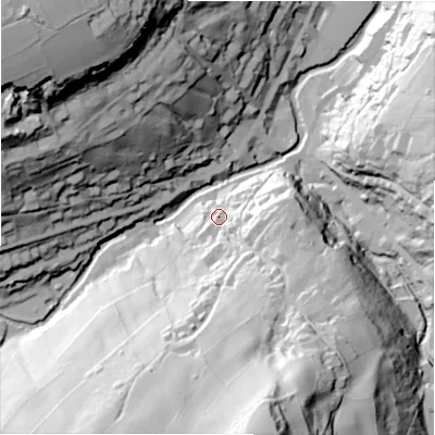 Shaded relief map of the ground around HD92DQ, computed from Environment Agency LiDAR. The ground here sits at about 156 m above sea level and falls 105 m across the surrounding 800 m. Surface water reaching this point runs off ground lying to the south-south-east, 88.9 m higher.