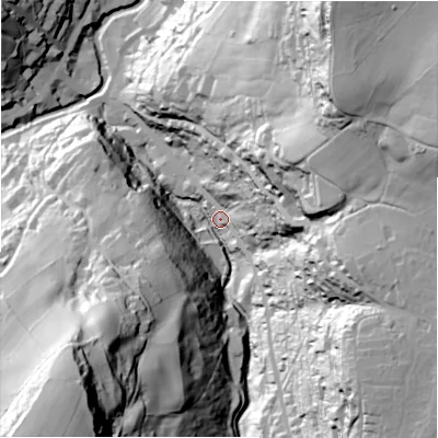 Shaded relief map of the ground around HD92DR, computed from Environment Agency LiDAR. The ground here sits at about 157 m above sea level and falls 115 m across the surrounding 800 m. Surface water reaching this point runs off ground lying to the south-west, 102.8 m higher.
