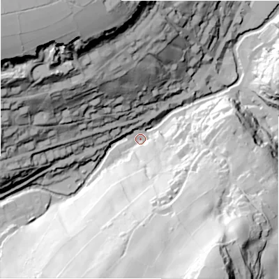 Shaded relief map of the ground around HD92JB, computed from Environment Agency LiDAR. The ground here sits at about 146 m above sea level and falls 108 m across the surrounding 800 m. Surface water reaching this point runs off ground lying to the south-south-east, 101.3 m higher.