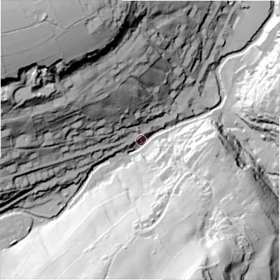 Shaded relief map of the ground around HD92JN, computed from Environment Agency LiDAR. The ground here sits at about 149 m above sea level and falls 103 m across the surrounding 800 m. Surface water reaching this point runs off ground lying to the north-west, 95.7 m higher.