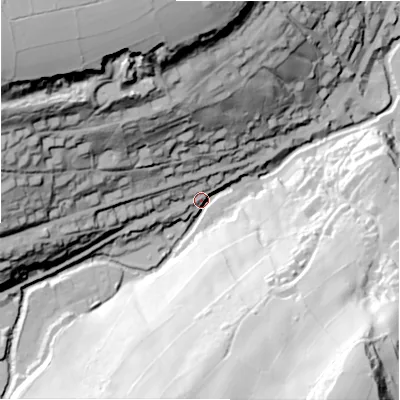 Shaded relief map of the ground around HD92JU, computed from Environment Agency LiDAR. The ground here sits at about 154 m above sea level and falls 110 m across the surrounding 800 m. Surface water reaching this point runs off ground lying to the south-east, 103.5 m higher.