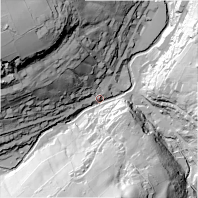 Shaded relief map of the ground around HD92JW, computed from Environment Agency LiDAR. The ground here sits at about 147 m above sea level and falls 98 m across the surrounding 800 m. Surface water reaching this point runs off ground lying to the west-north-west, 90.2 m higher.