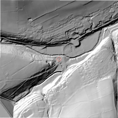 Shaded relief map of the ground around HD92NQ, computed from Environment Agency LiDAR. The ground here sits at about 182 m above sea level and falls 95 m across the surrounding 800 m. Surface water reaching this point runs off ground lying to the north-west, 85.4 m higher.
