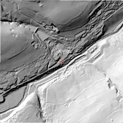 Shaded relief map of the ground around HD92NW, computed from Environment Agency LiDAR. The ground here sits at about 177 m above sea level and falls 112 m across the surrounding 800 m. Surface water reaching this point runs off ground lying to the west-north-west, 54.2 m higher.