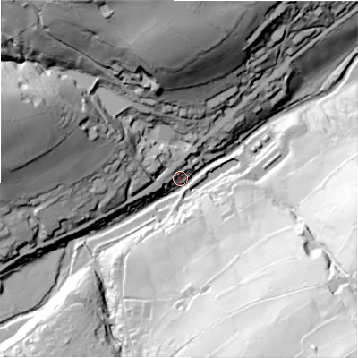 Shaded relief map of the ground around HD92NZ, computed from Environment Agency LiDAR. The ground here sits at about 172 m above sea level and falls 115 m across the surrounding 800 m. Surface water reaching this point runs off ground lying to the south-east, 110.0 m higher.