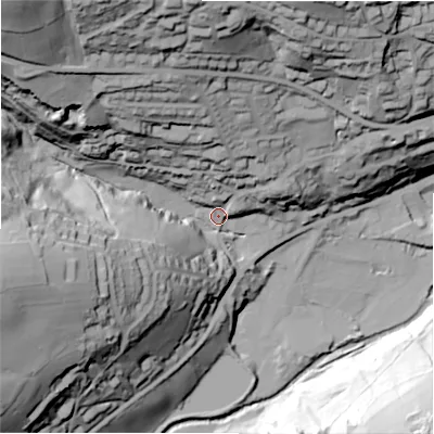 Shaded relief map of the ground around HD92PS, computed from Environment Agency LiDAR. The ground here sits at about 171 m above sea level and falls 106 m across the surrounding 800 m. Surface water reaching this point runs off ground lying to the north-west, 88.7 m higher.