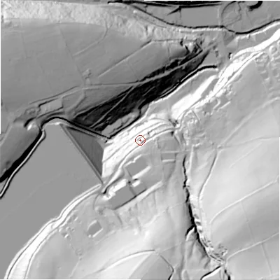 Shaded relief map of the ground around HD92QW, computed from Environment Agency LiDAR. The ground here sits at about 206 m above sea level and falls 125 m across the surrounding 800 m. Surface water reaching this point runs off ground lying to the south-south-east, 22.4 m higher.