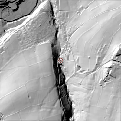 Shaded relief map of the ground around HD92SD, computed from Environment Agency LiDAR. The ground here sits at about 206 m above sea level and falls 144 m across the surrounding 800 m. Surface water reaching this point runs off ground lying to the south-east, 114.7 m higher.