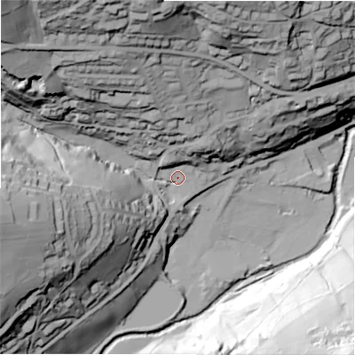 Shaded relief map of the ground around HD92TT, computed from Environment Agency LiDAR. The ground here sits at about 168 m above sea level and falls 98 m across the surrounding 800 m. Surface water reaching this point runs off ground lying to the west-south-west, 64.8 m higher.