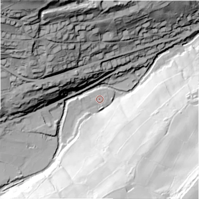Shaded relief map of the ground around HD92TW, computed from Environment Agency LiDAR. The ground here sits at about 153 m above sea level and falls 120 m across the surrounding 800 m. Surface water reaching this point runs off ground lying to the south-south-east, 86.9 m higher.