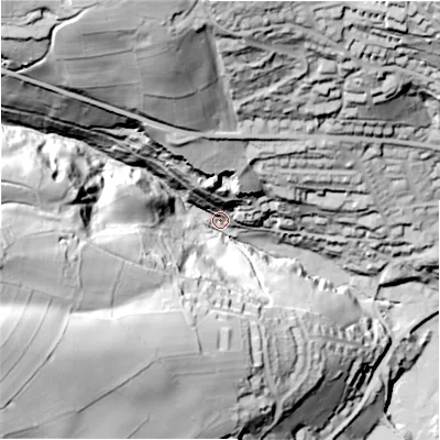 Shaded relief map of the ground around HD92TX, computed from Environment Agency LiDAR. The ground here sits at about 187 m above sea level and falls 116 m across the surrounding 800 m. Surface water reaching this point runs off ground lying to the north-west, 89.9 m higher.