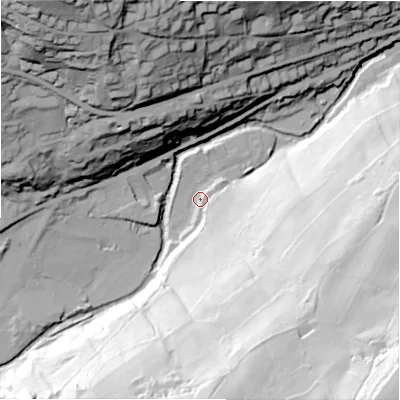 Shaded relief map of the ground around HD92TY, computed from Environment Agency LiDAR. The ground here sits at about 156 m above sea level and falls 126 m across the surrounding 800 m. Surface water reaching this point runs off ground lying to the south-east, 87.4 m higher.