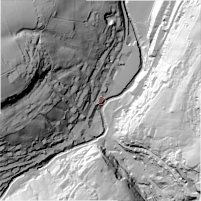 Shaded relief map of the ground around HD93AY, computed from Environment Agency LiDAR. The ground here sits at about 144 m above sea level and falls 94 m across the surrounding 800 m. Surface water reaching this point runs off ground lying to the east, 86.6 m higher.