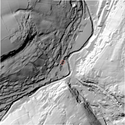 Shaded relief map of the ground around HD93AZ, computed from Environment Agency LiDAR. The ground here sits at about 145 m above sea level and falls 94 m across the surrounding 800 m. Surface water reaching this point runs off ground lying to the west-north-west, 82.9 m higher.