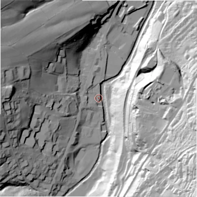 Shaded relief map of the ground around HD93JE, computed from Environment Agency LiDAR. The ground here sits at about 130 m above sea level and falls 107 m across the surrounding 800 m. Surface water reaching this point runs off ground lying to the east-south-east, 57.8 m higher.
