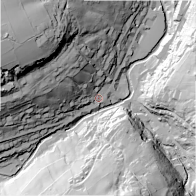 Shaded relief map of the ground around HD93JH, computed from Environment Agency LiDAR. The ground here sits at about 149 m above sea level and falls 98 m across the surrounding 800 m. Surface water reaching this point runs off ground lying to the west-north-west, 84.5 m higher.
