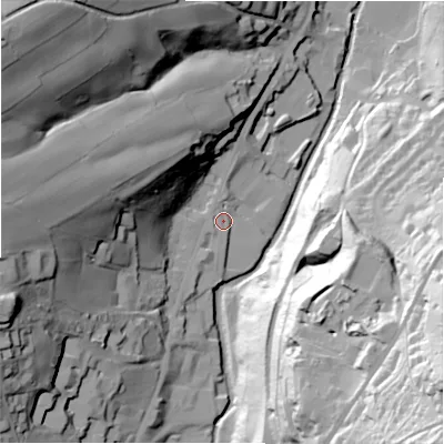 Shaded relief map of the ground around HD93JL, computed from Environment Agency LiDAR. The ground here sits at about 129 m above sea level and falls 96 m across the surrounding 800 m. Surface water reaching this point runs off ground lying to the south-south-west, 6.0 m higher.