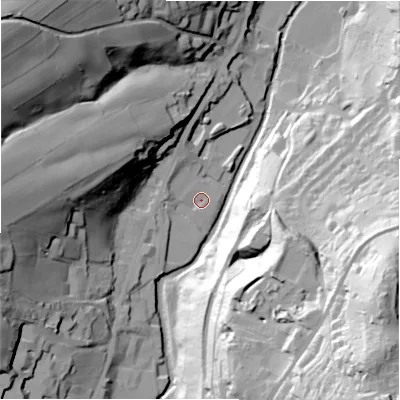 Shaded relief map of the ground around HD93JQ, computed from Environment Agency LiDAR. The ground here sits at about 126 m above sea level and falls 95 m across the surrounding 800 m. Surface water reaching this point runs off ground lying to the south-west, 7.4 m higher.