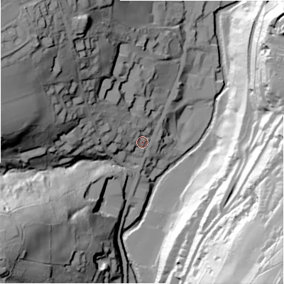 Shaded relief map of the ground around HD93TP, computed from Environment Agency LiDAR. The ground here sits at about 143 m above sea level and falls 104 m across the surrounding 800 m. Surface water reaching this point runs off ground lying to the west-north-west, 19.8 m higher.