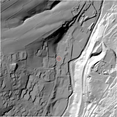 Shaded relief map of the ground around HD93TT, computed from Environment Agency LiDAR. The ground here sits at about 132 m above sea level and falls 86 m across the surrounding 800 m. Surface water reaching this point runs off ground lying to the west, 57.0 m higher.