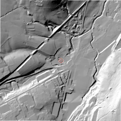 Shaded relief map of the ground around HD94AN, computed from Environment Agency LiDAR. The ground here sits at about 143 m above sea level and falls 92 m across the surrounding 800 m. Surface water reaching this point runs off ground lying to the south-west, 33.2 m higher.
