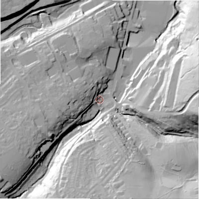 Shaded relief map of the ground around HD94AU, computed from Environment Agency LiDAR. The ground here sits at about 156 m above sea level and falls 67 m across the surrounding 800 m. Surface water reaching this point runs off ground lying to the east, 54.4 m higher.
