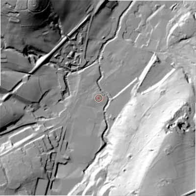 Shaded relief map of the ground around HD94AY, computed from Environment Agency LiDAR. The ground here sits at about 141 m above sea level and falls 95 m across the surrounding 800 m. Surface water reaching this point runs off ground lying to the west-south-west, 1.0 m higher.