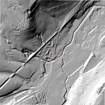 Shaded relief map of the ground around HD94BU, computed from Environment Agency LiDAR. The ground here sits at about 140 m above sea level and falls 102 m across the surrounding 800 m. Surface water reaching this point runs off ground lying to the north-north-west, 86.0 m higher.
