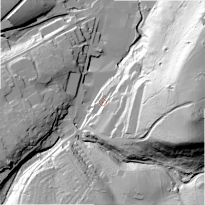 Shaded relief map of the ground around HD94DS, computed from Environment Agency LiDAR. The ground here sits at about 160 m above sea level and falls 90 m across the surrounding 800 m. Surface water reaching this point runs off ground lying to the east, 52.1 m higher.