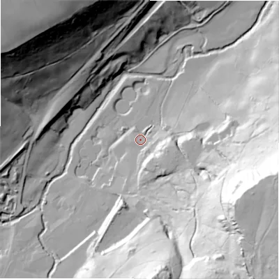 Shaded relief map of the ground around HD94EP, computed from Environment Agency LiDAR. The ground here sits at about 135 m above sea level and falls 103 m across the surrounding 800 m. Surface water reaching this point runs off ground lying to the south-east, 79.4 m higher.